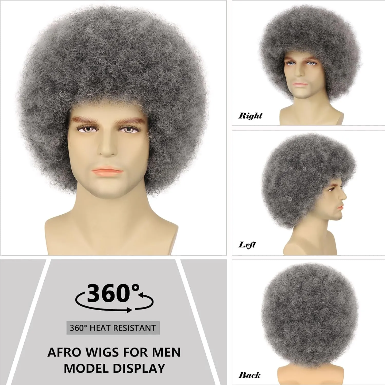 70s Afro Wigs for Men and Women Glueless Wear and Go Wig Fluffy Short Grey Afro Curly Heat Resistant Synthetic Wigs for Hippie Disco Rock 70s 80s Party and Daily??Grey??