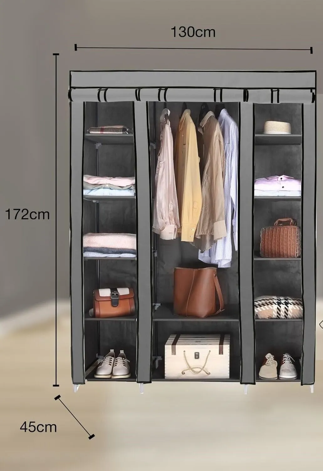AROME PUR Fabric Canvas Wardrobe Organizers Clothes Rail Shelves Storage Closet Triple (Grey)