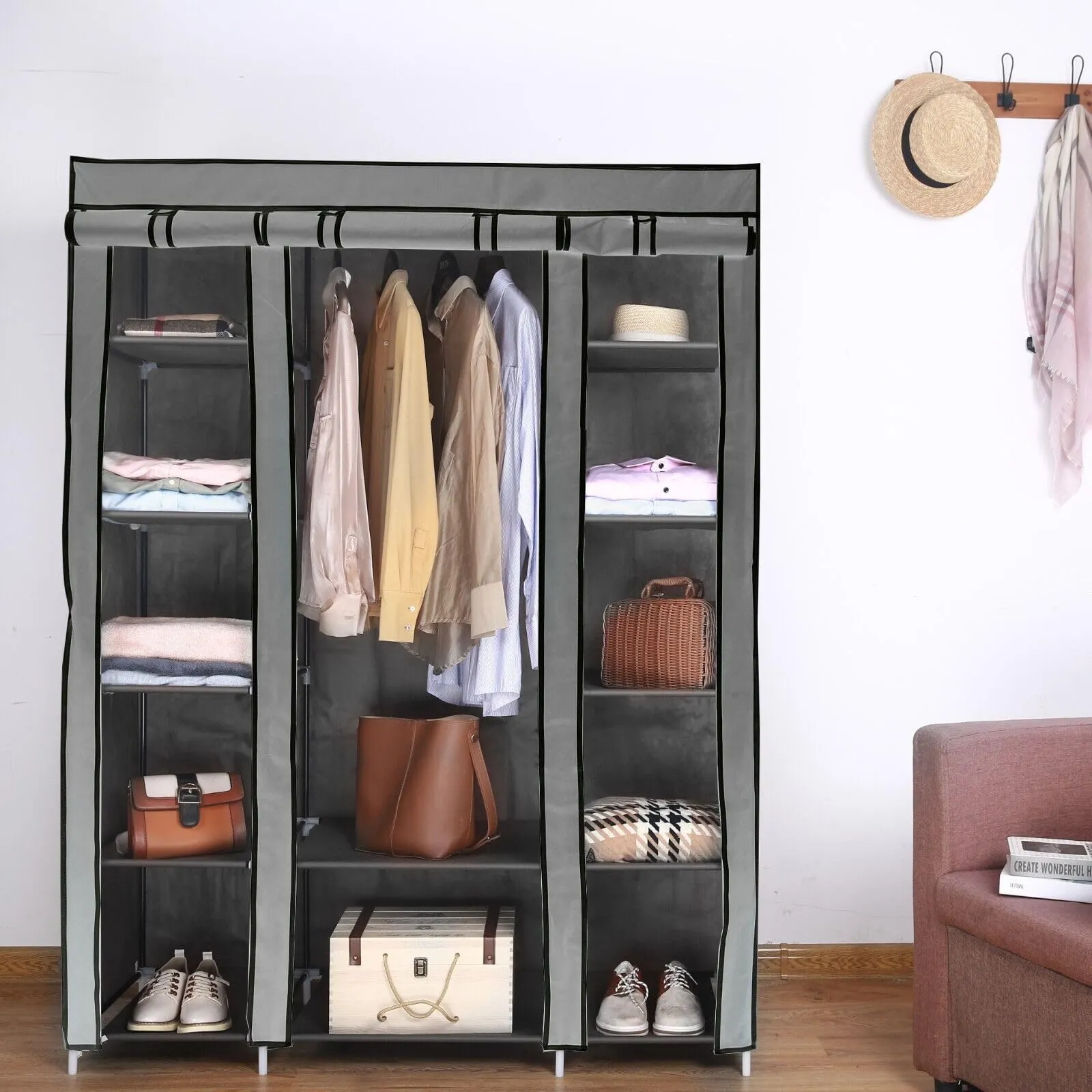 AROME PUR Fabric Canvas Wardrobe Organizers Clothes Rail Shelves Storage Closet Triple (Grey)