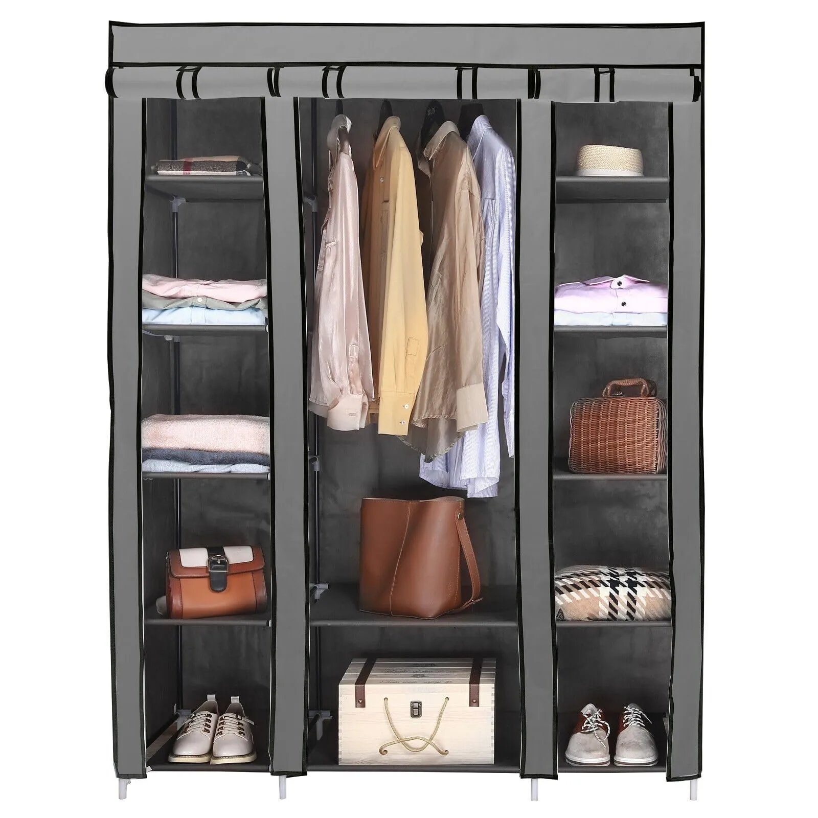 AROME PUR Fabric Canvas Wardrobe Organizers Clothes Rail Shelves Storage Closet Triple (Grey)