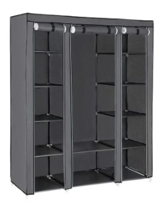 AROME PUR Fabric Canvas Wardrobe Organizers Clothes Rail Shelves Storage Closet Triple (Grey)