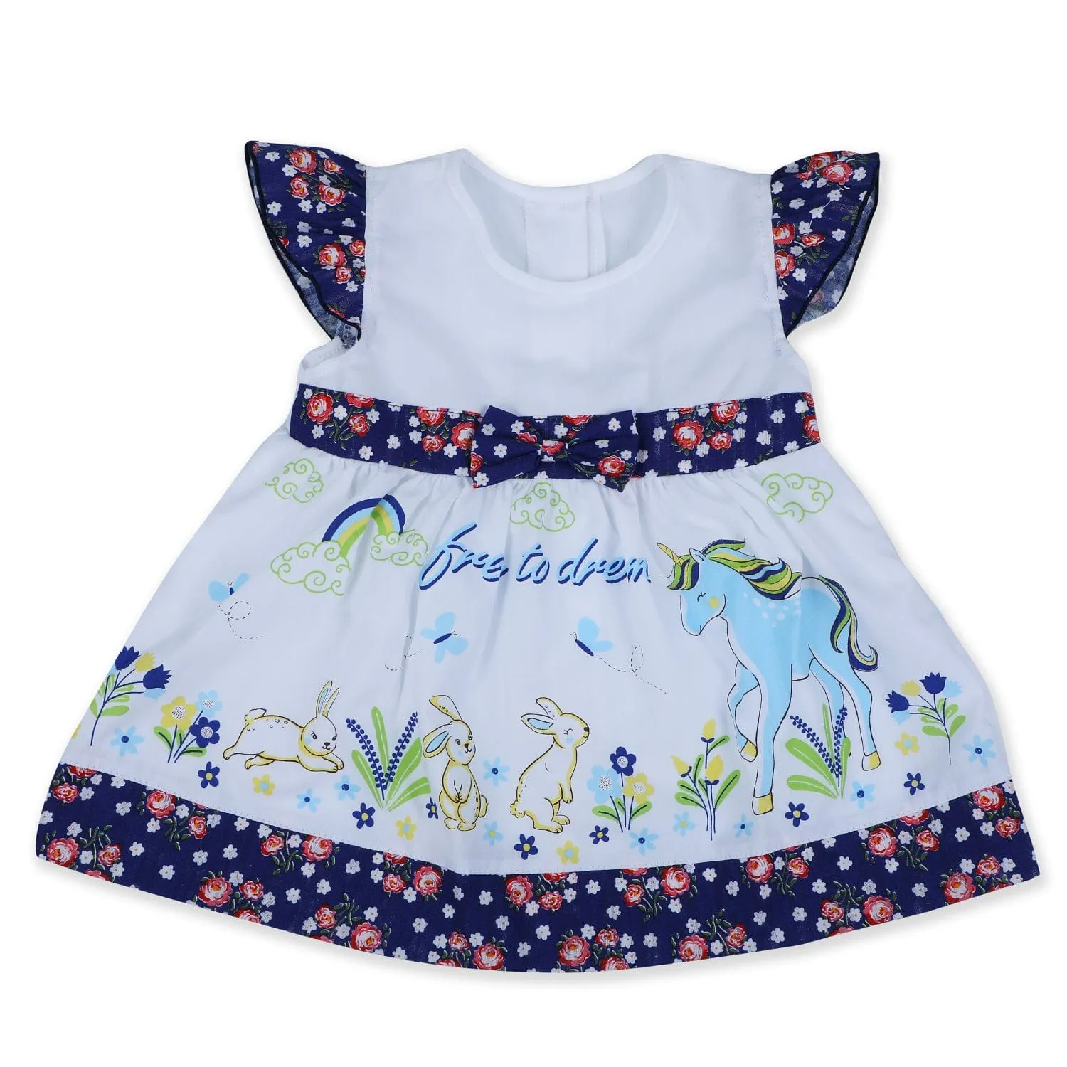 Baby Moo Floral Unicorn Flutter Sleeves Knee Length Frock - Blue
