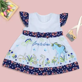 Baby Moo Floral Unicorn Flutter Sleeves Knee Length Frock - Blue
