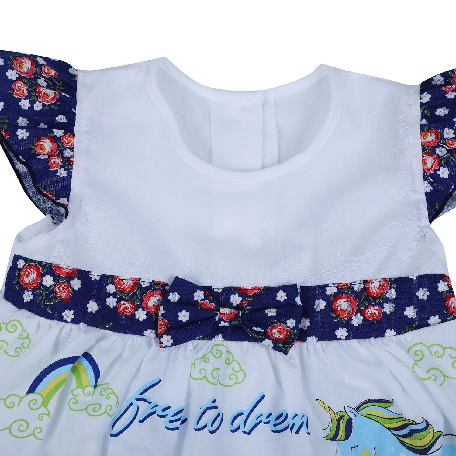 Baby Moo Floral Unicorn Flutter Sleeves Knee Length Frock - Blue