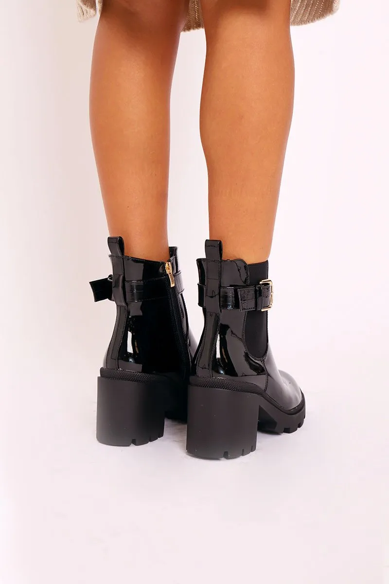 Black Patent Buckle Heeled Chelsea Boot - Damari