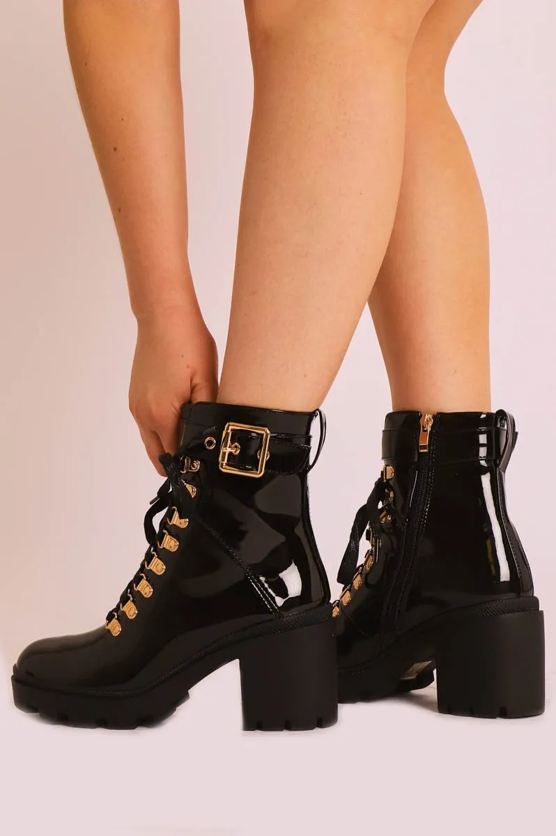 Black Patent Gold Detail Heeled Military Boot - Abela