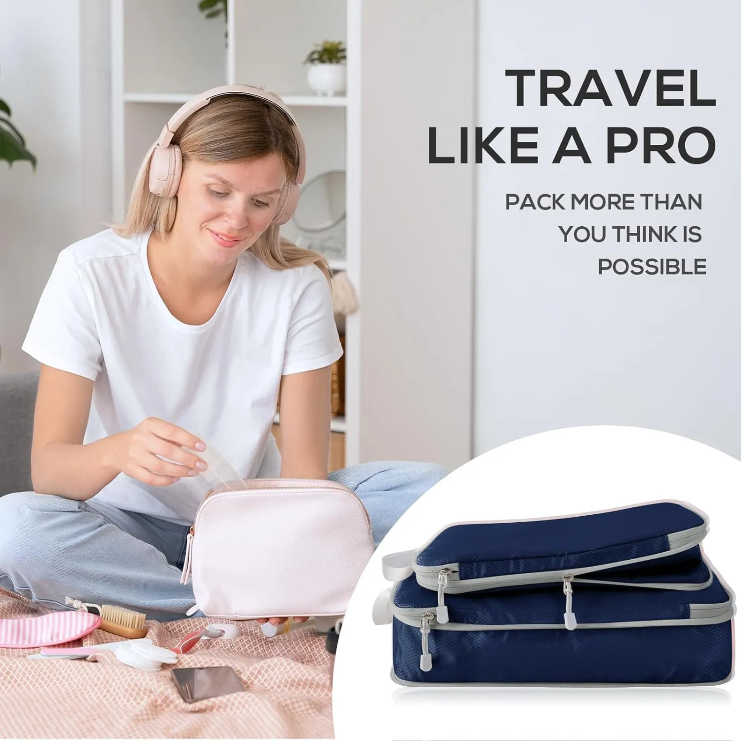 Compression Packing Cubes, 6 Set Packing Cubes for Travel Compression, Lightweight Compressible Package Organizer for Carry On and Suitcases, Navy and Grey