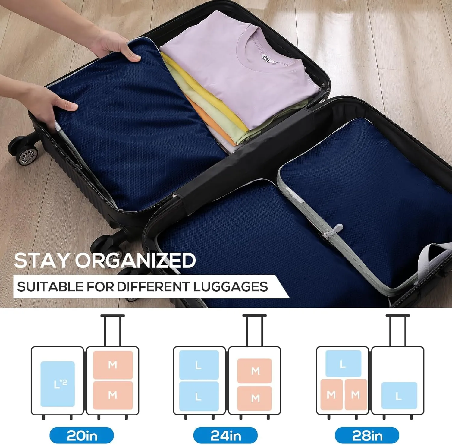 Compression Packing Cubes, 6 Set Packing Cubes for Travel Compression, Lightweight Compressible Package Organizer for Carry On and Suitcases, Navy and Grey