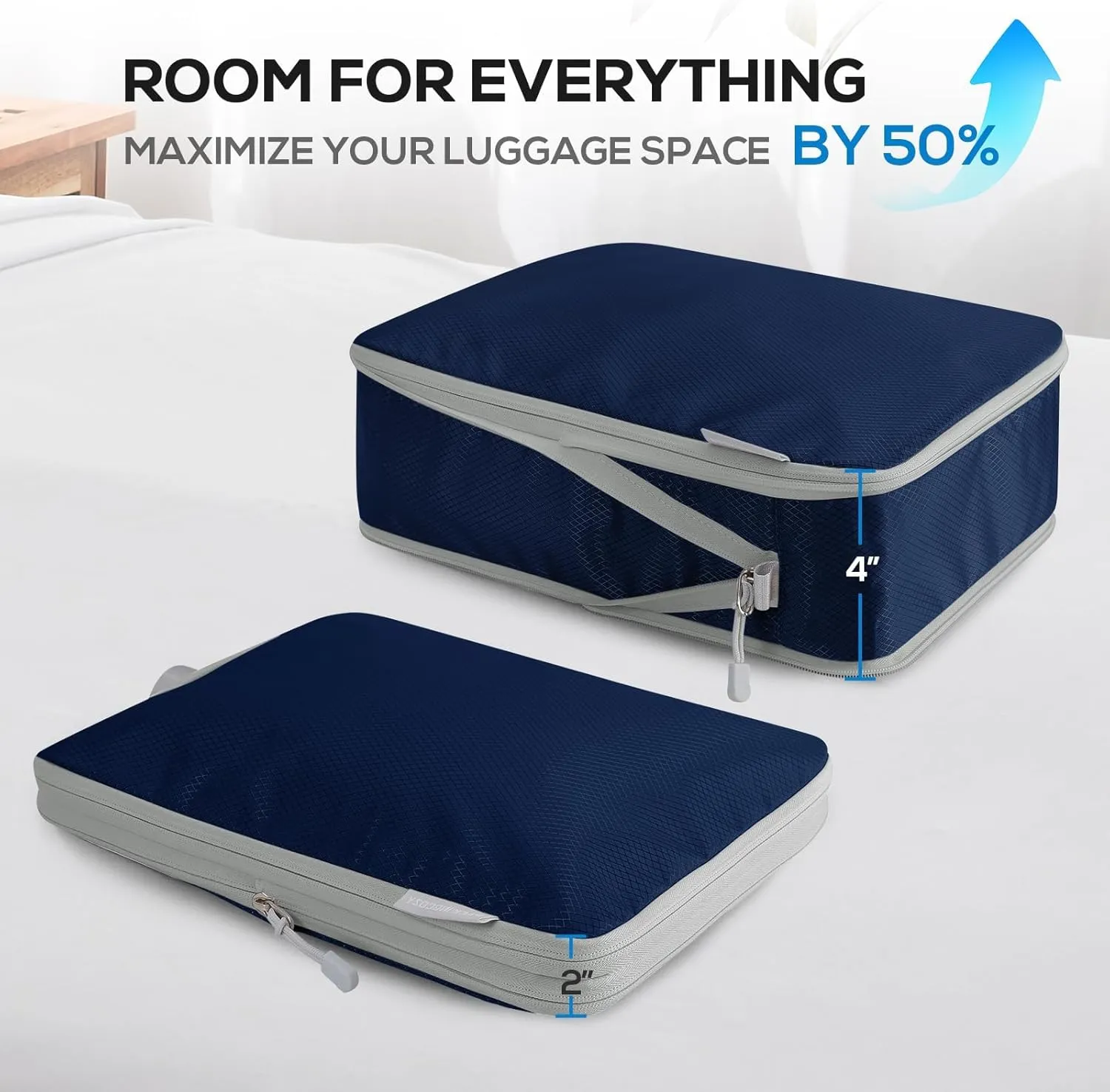 Compression Packing Cubes, 6 Set Packing Cubes for Travel Compression, Lightweight Compressible Package Organizer for Carry On and Suitcases, Navy and Grey