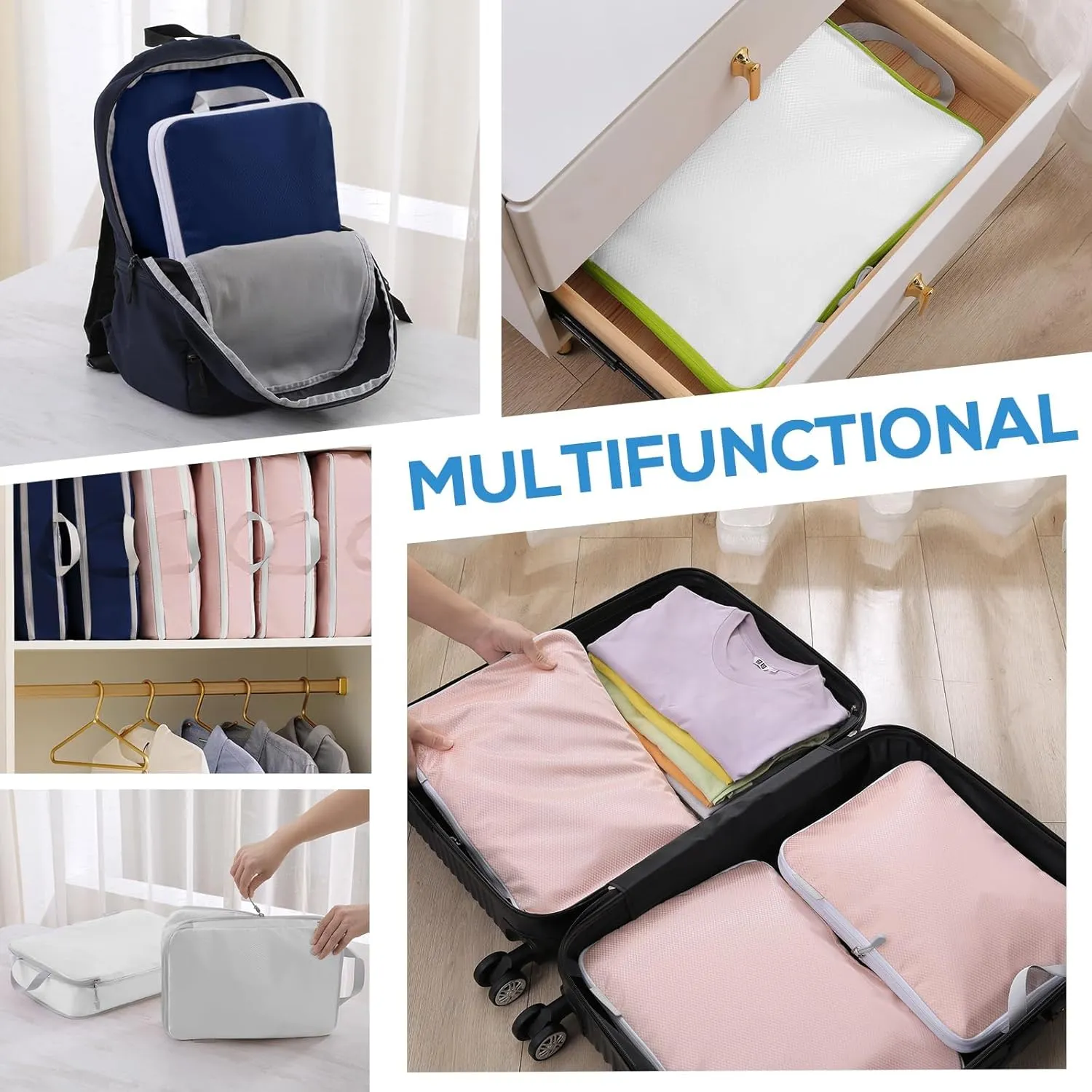Compression Packing Cubes, 6 Set Packing Cubes for Travel Compression, Lightweight Compressible Package Organizer for Carry On and Suitcases, Navy and Grey