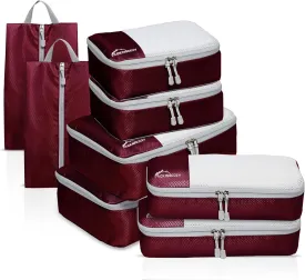 Compression Packing Cubes for Travel, 8 Set Packing Organizers with Zipper Pulls and Mesh Top Panel - Light-weight Travel Cubes for Carry On and Suitcases, Wine