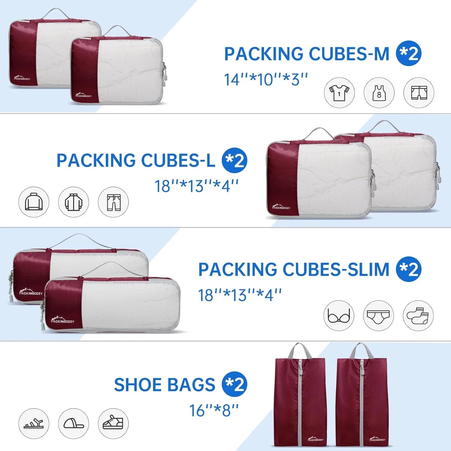 Compression Packing Cubes for Travel, 8 Set Packing Organizers with Zipper Pulls and Mesh Top Panel - Light-weight Travel Cubes for Carry On and Suitcases, Wine