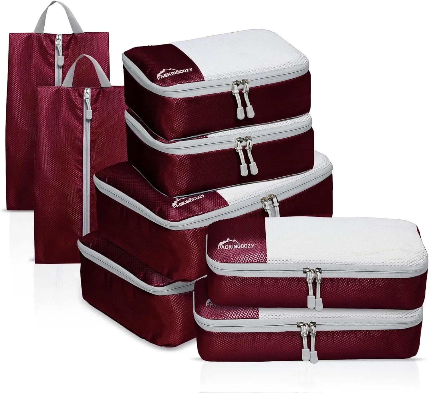 Compression Packing Cubes for Travel, 8 Set Packing Organizers with Zipper Pulls and Mesh Top Panel - Light-weight Travel Cubes for Carry On and Suitcases, Wine