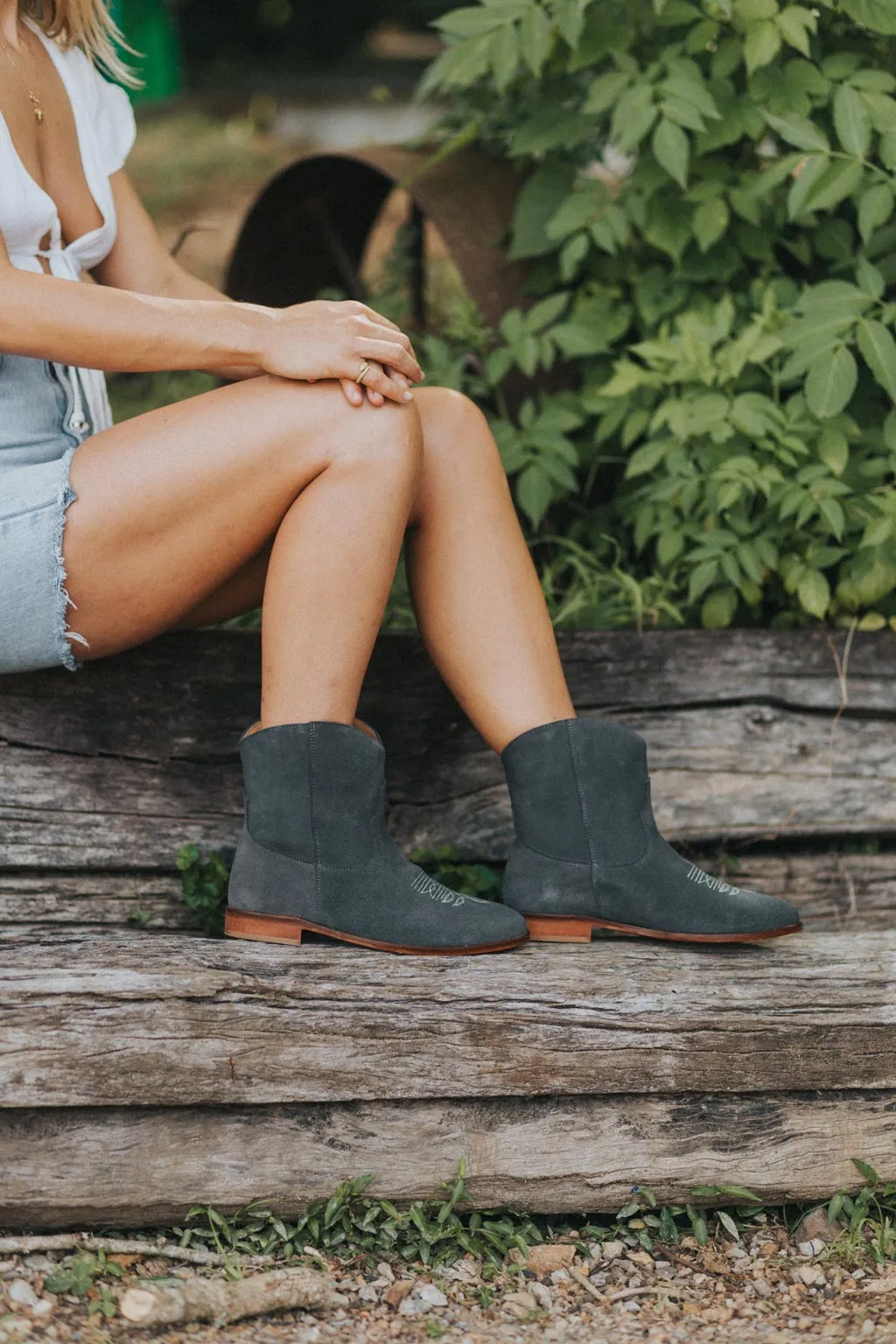 Daisy Round Toe Western Ankle Boots - Grey Suede