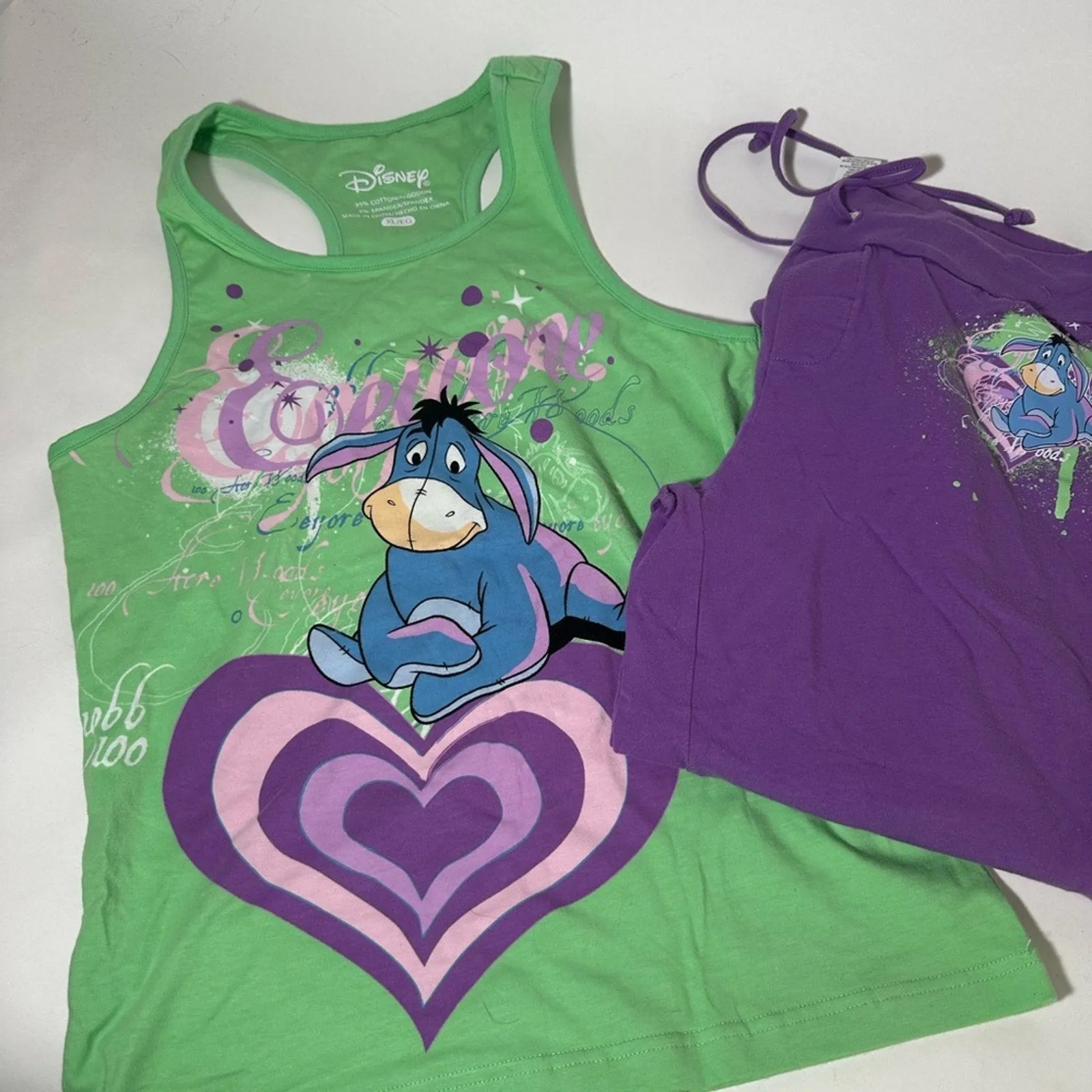 Disney Green and Purple Pajama Set with Cartoon Design
