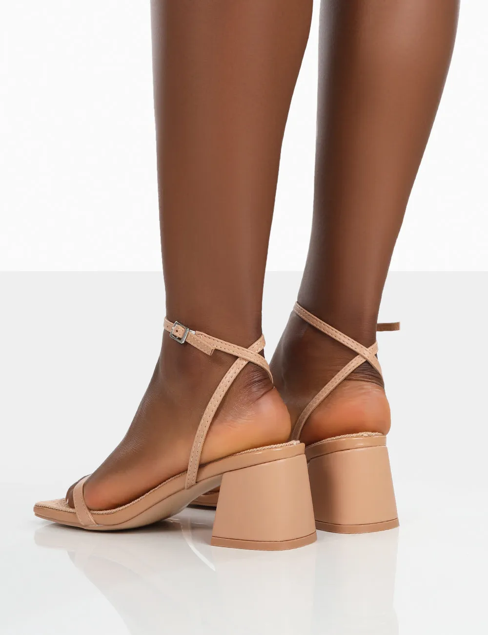 Lane Nude Raffia Strappy Mid Block Heeled Sandals
