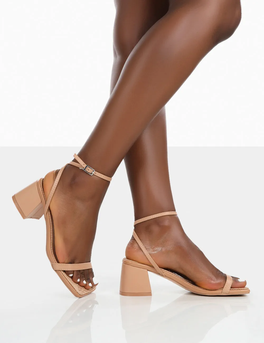 Lane Nude Raffia Strappy Mid Block Heeled Sandals