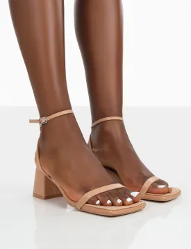 Lane Nude Raffia Strappy Mid Block Heeled Sandals
