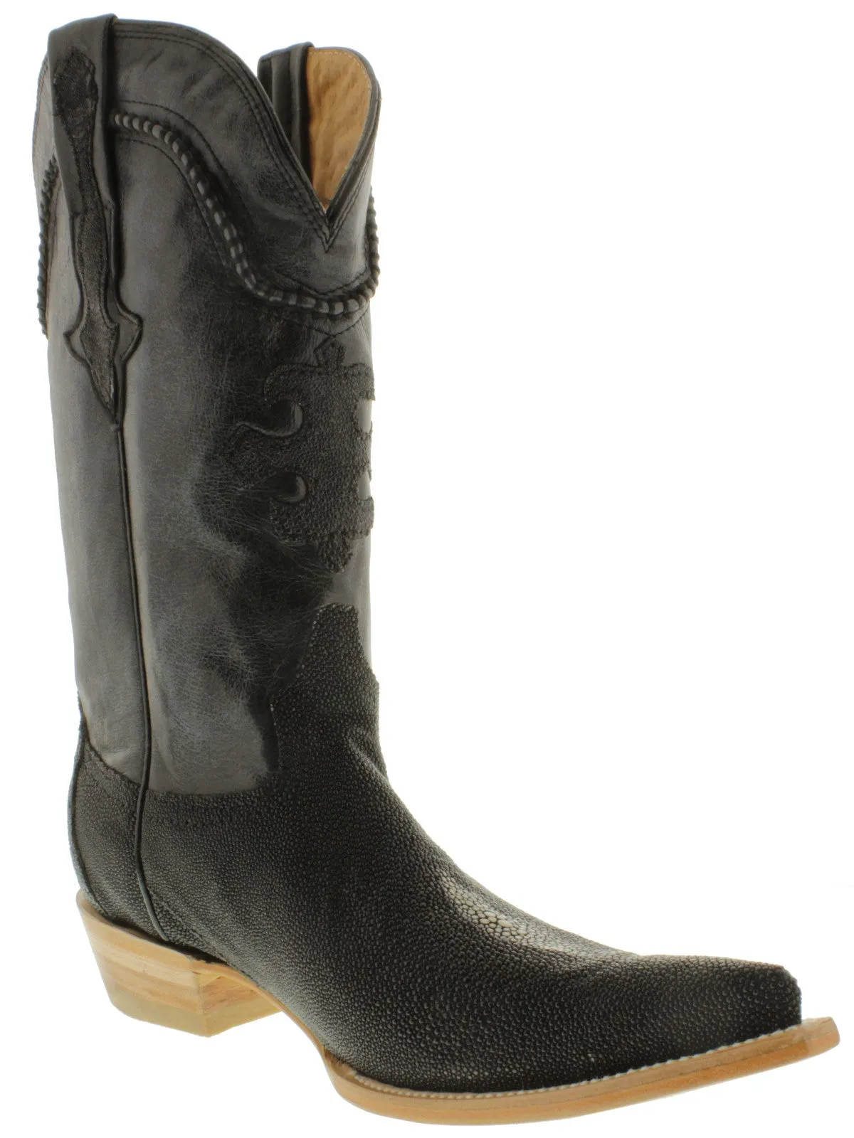 Men's Black Genuine Stingray Single Stone Leather Cowboy Boots 3X Toe