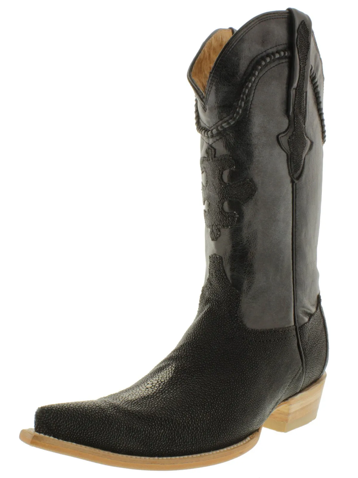 Men's Black Genuine Stingray Single Stone Leather Cowboy Boots 3X Toe