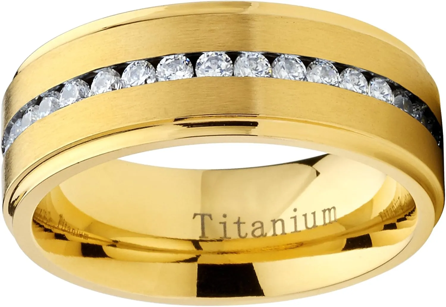 Metal Masters Goldtone Titanium Men's Eternity Wedding Band Ring with Cubic Zirconia CZ, Comfort Fit 8mm