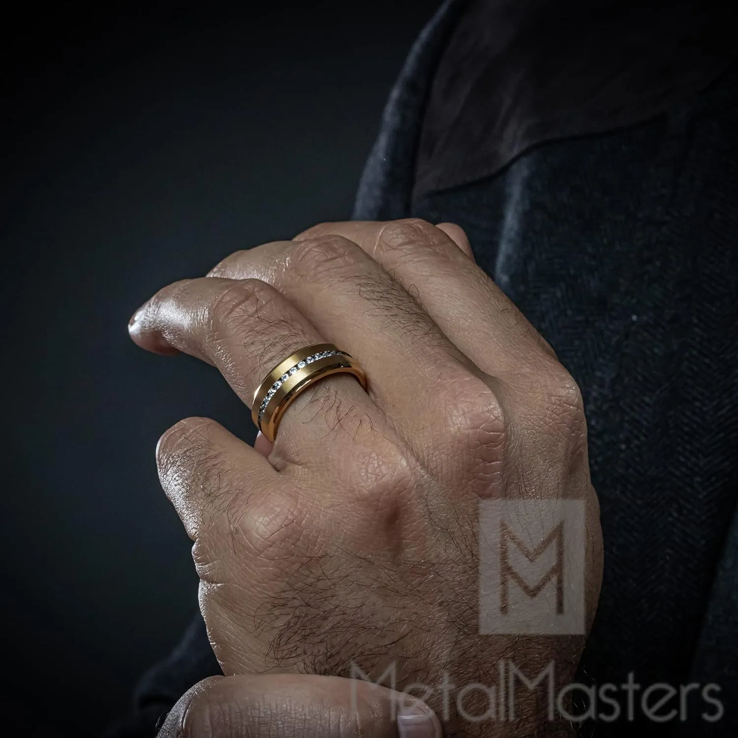 Metal Masters Goldtone Titanium Men's Eternity Wedding Band Ring with Cubic Zirconia CZ, Comfort Fit 8mm