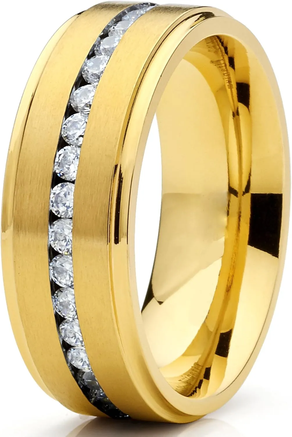 Metal Masters Goldtone Titanium Men's Eternity Wedding Band Ring with Cubic Zirconia CZ, Comfort Fit 8mm